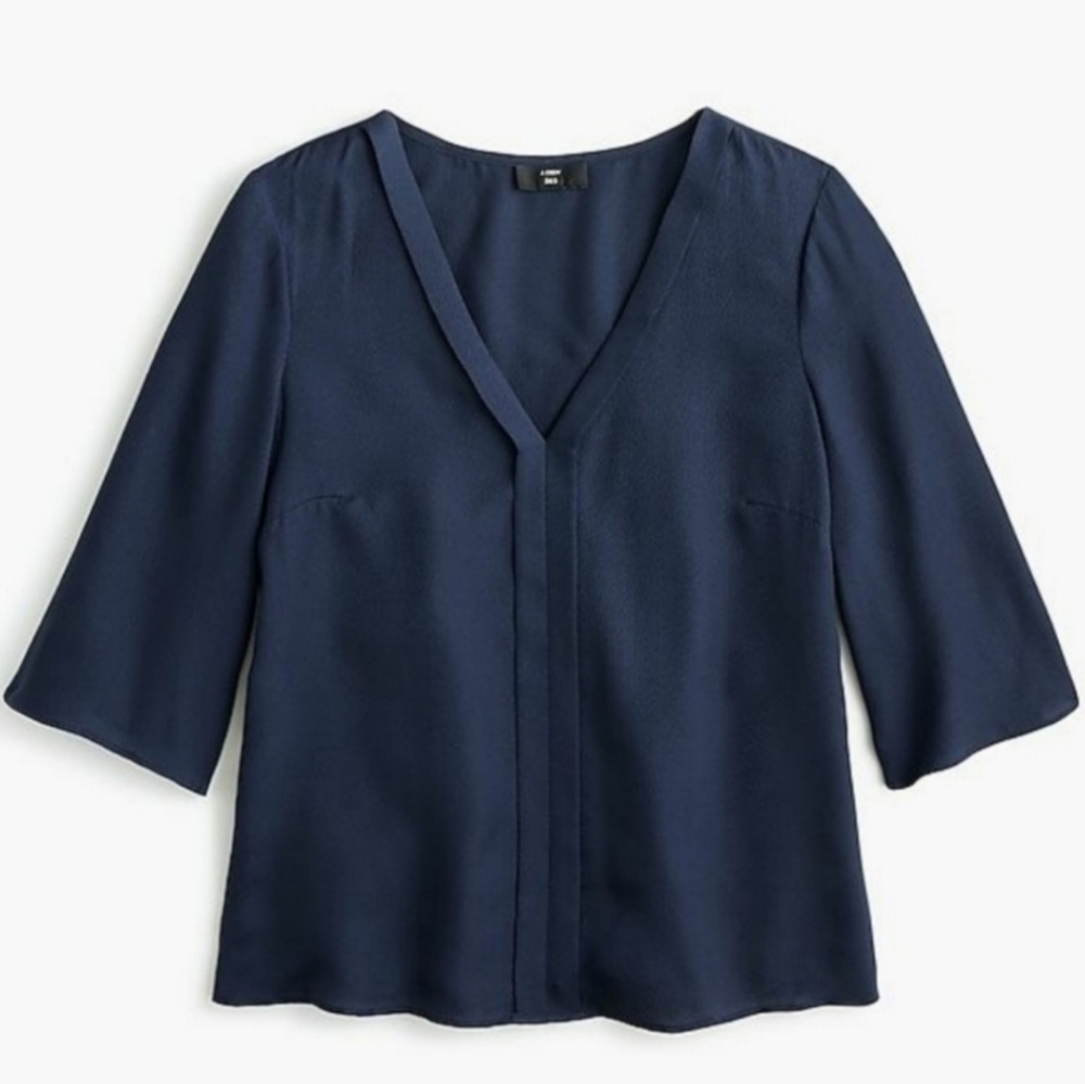 J. Crew 365 Navy Hammered 100% Silk Women's V-Neck Blouse | Size L